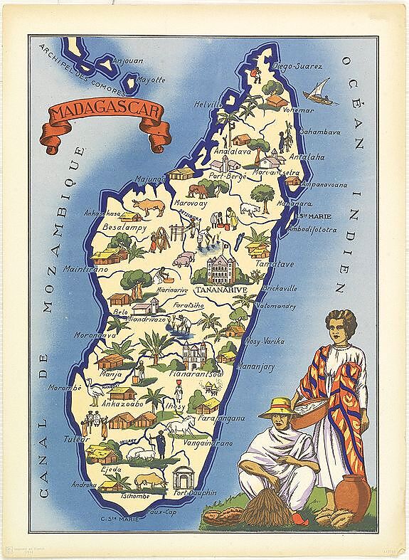 Mapa ilustrado vintage de Madagascar con sus principales ciudades y regiones, incluida la zona SAVA donde se cultiva nuestra vainilla